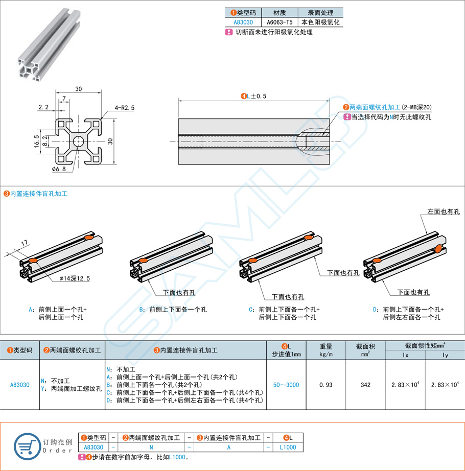 30系列铝合金型材-30×30规格参数尺寸