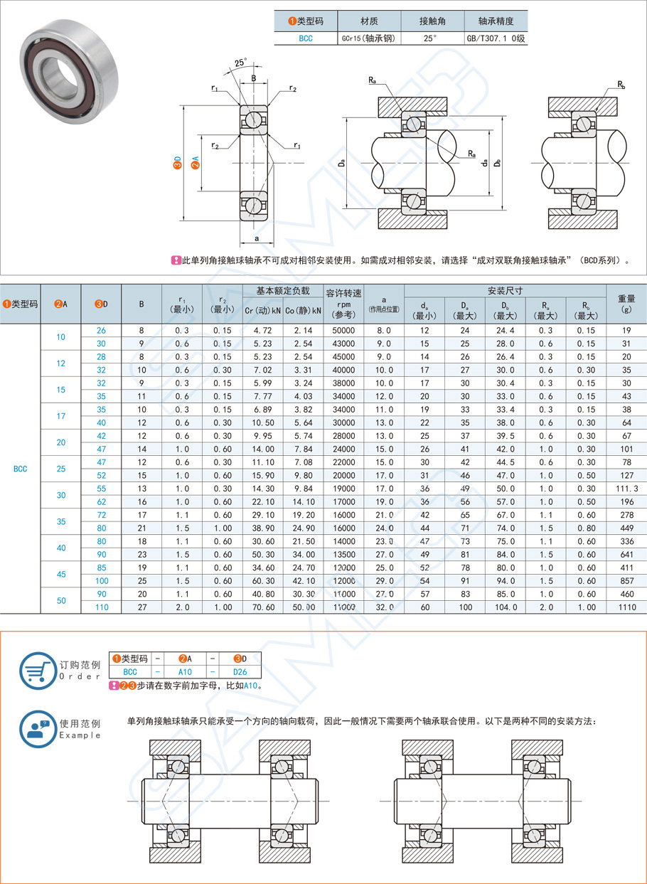 单列角接触球轴承BCC规格参数尺寸材质