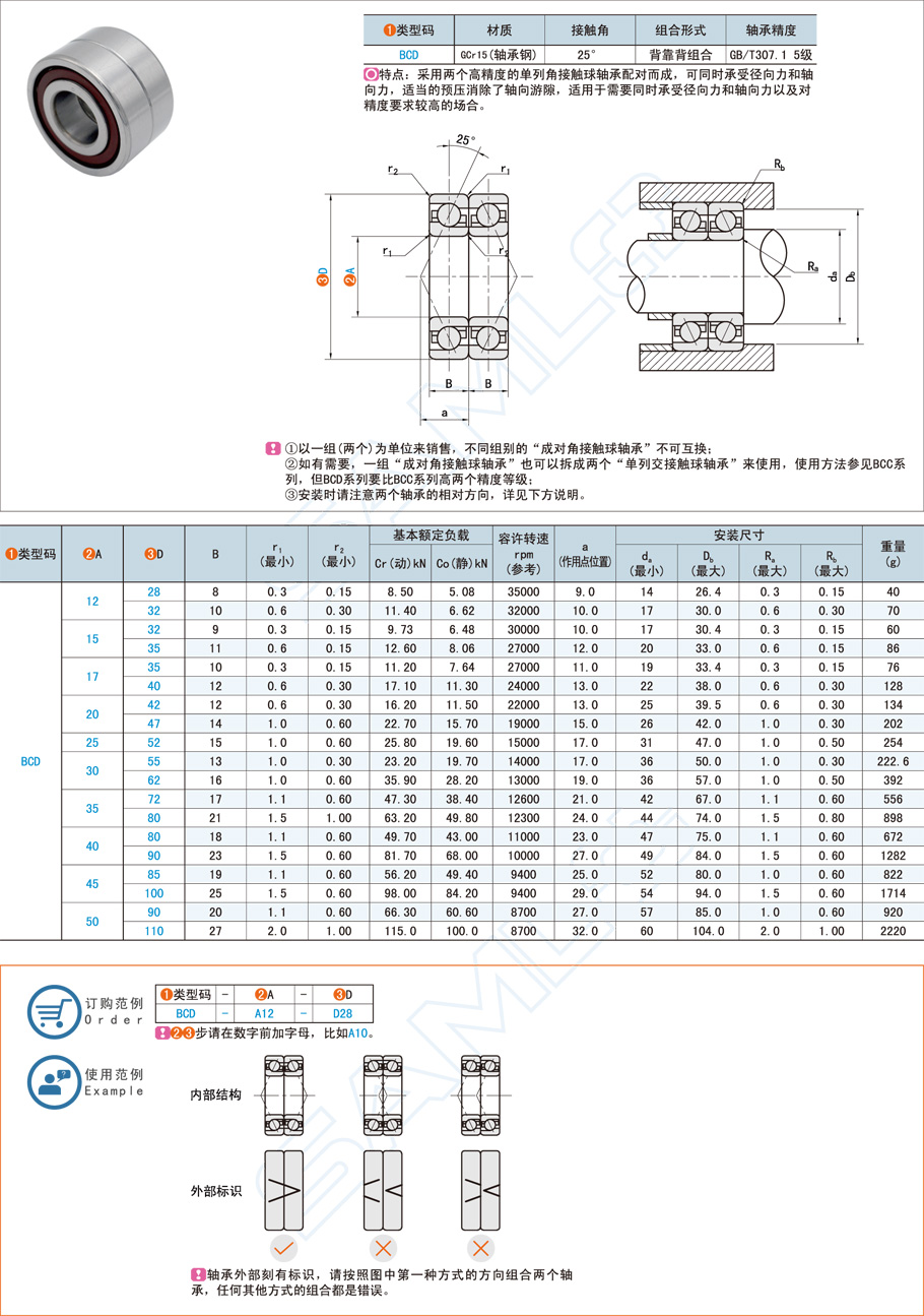 成对角接触球轴承-背靠背组合型规格参数尺寸材质