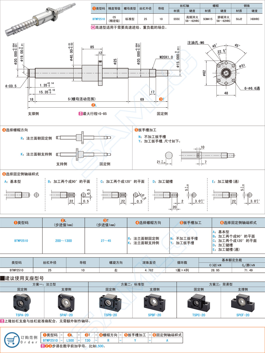 精密级滚珠丝杠-轴径25导程10规格参数