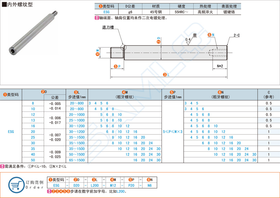 一端台阶型导向轴-内外螺纹型规格材质