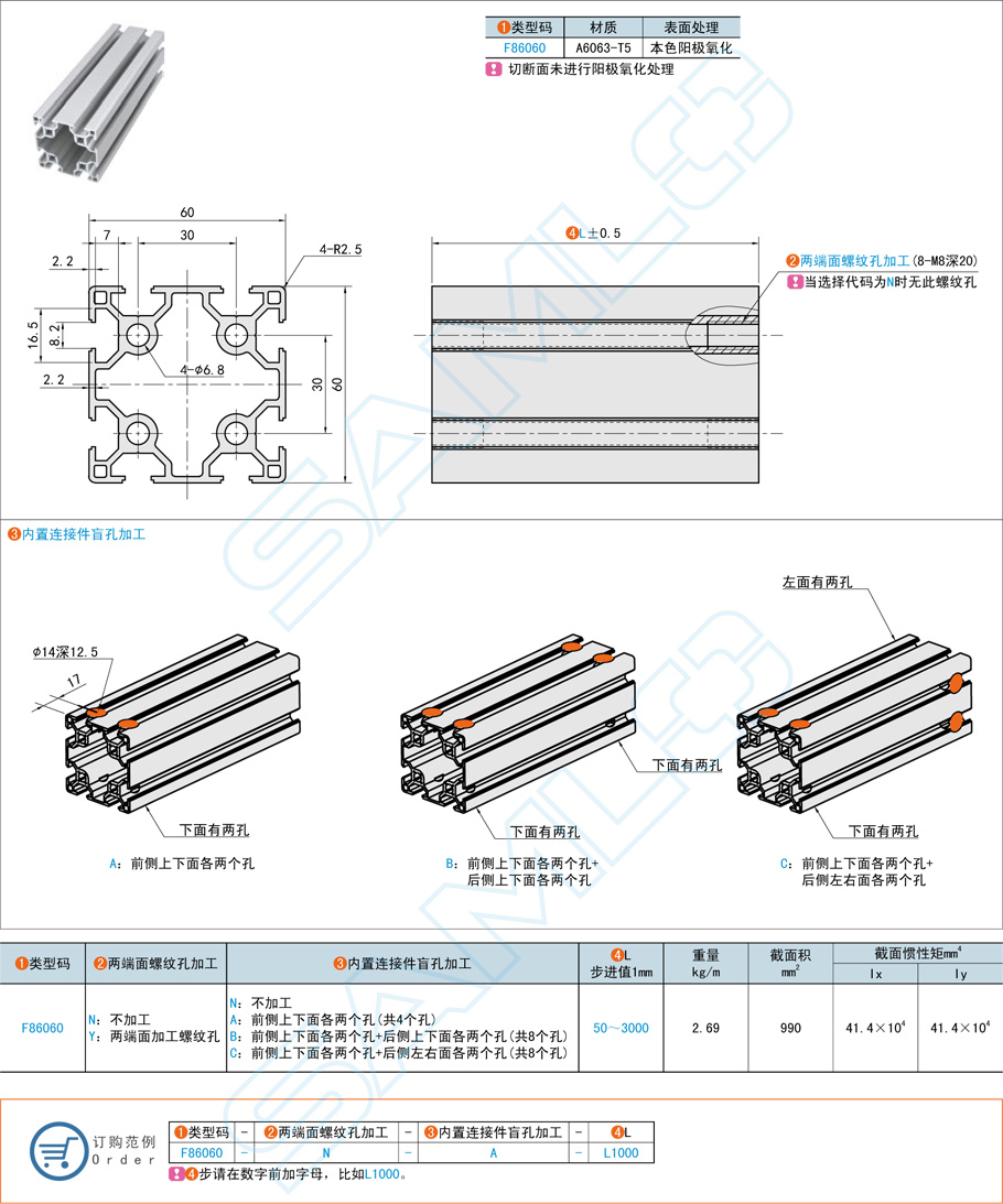 30系列铝合金型材-60×60规格参数尺寸