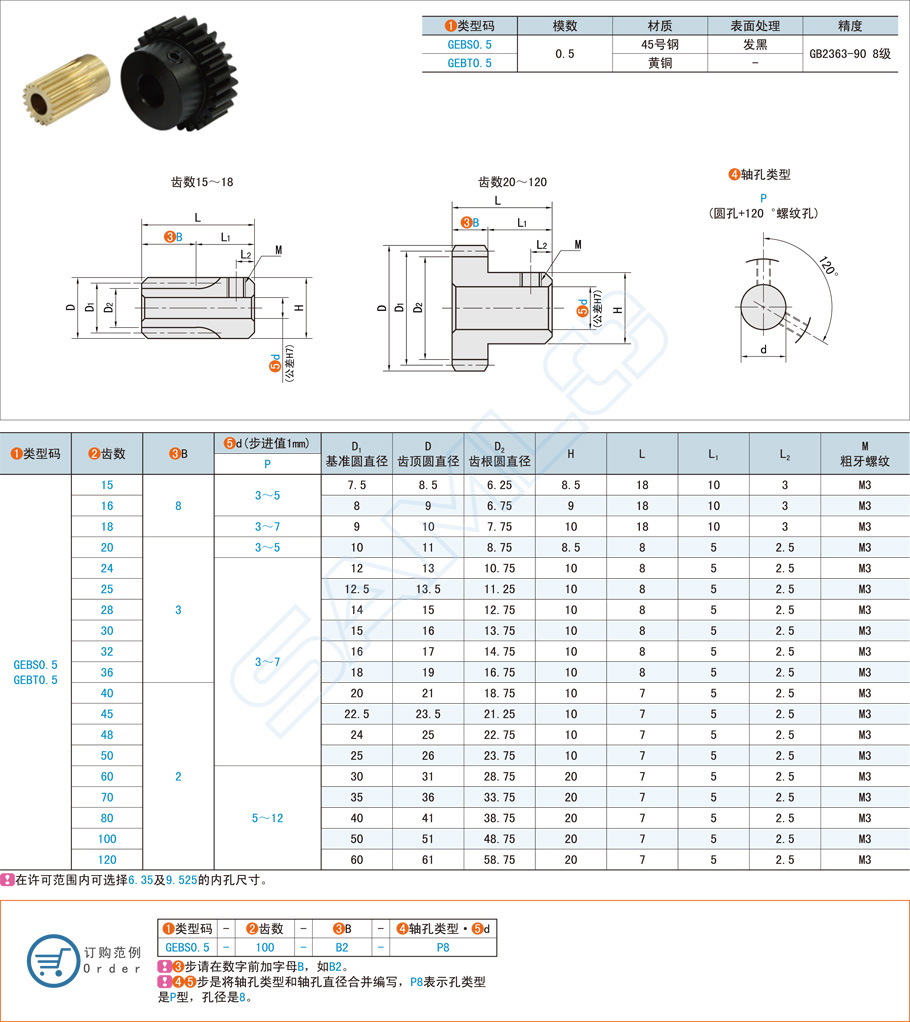 带凸肩型直齿轮-压力角20°模数0.5规格参数