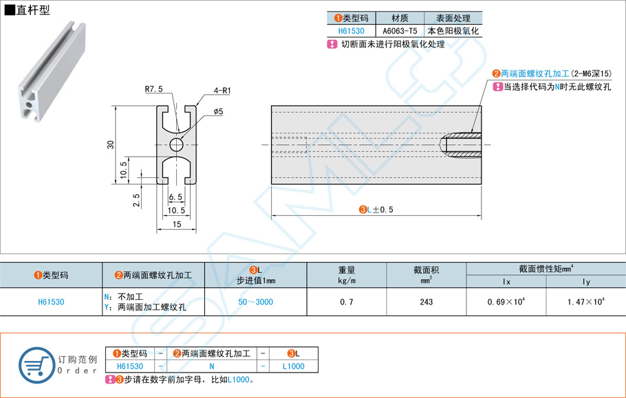 门框用铝合金型材,铝型材H61530规格参数尺寸