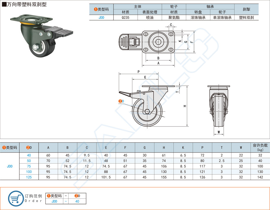 中载型脚轮-万向带塑料双刹型规格参数尺寸材质