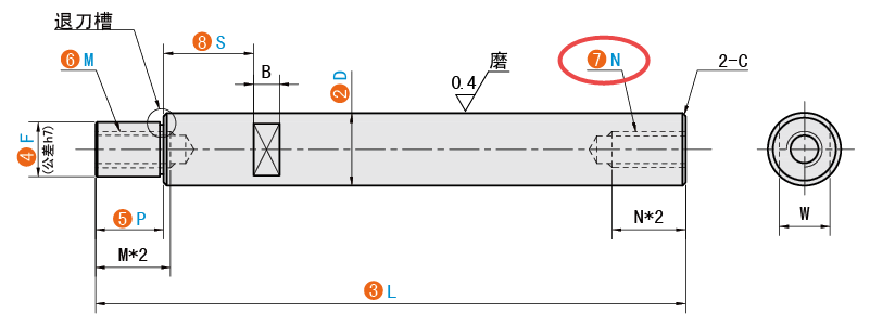 N（右端面螺纹孔）